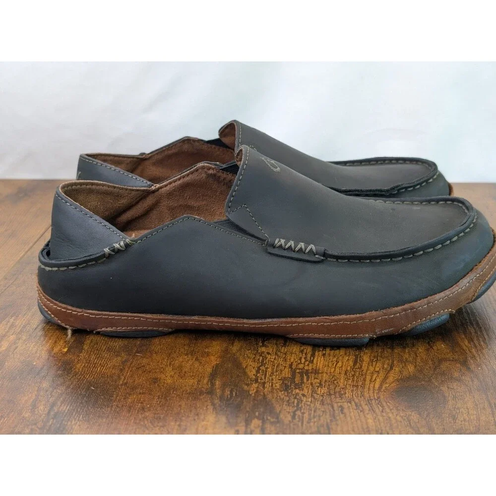 OLUKAI Moloa Men's Leather Nubuck Sz 11 Slip On Shoes 10128-4033 Black